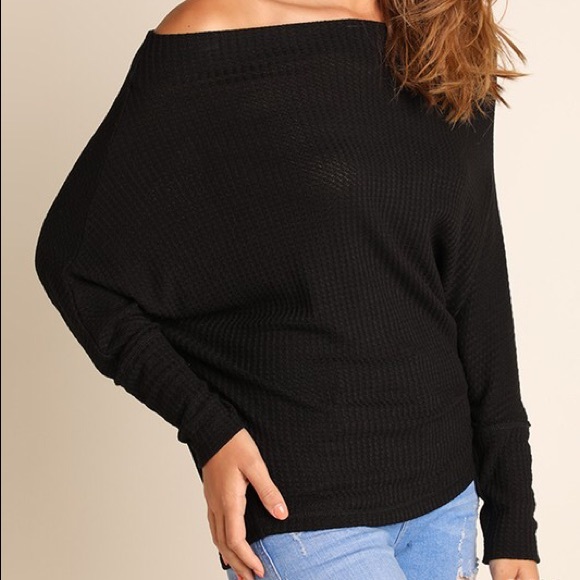 Black Knit Off Shoulder Batwing Long Sleeve Top - Picture 3 of 4